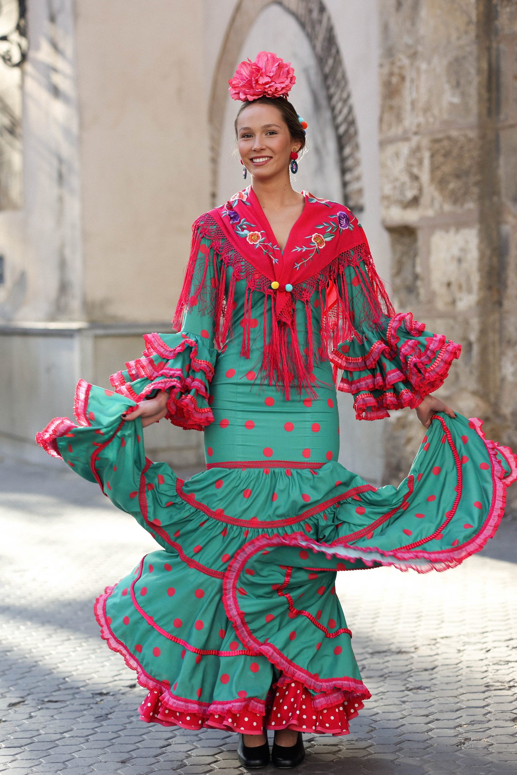 Maduro tuberculosis Excelente Traje de Flamenca canastero único y exclusivo modelo 19/2023, fondo verde  lunar rosa, alta costura flamenca. | Fabiola 1987