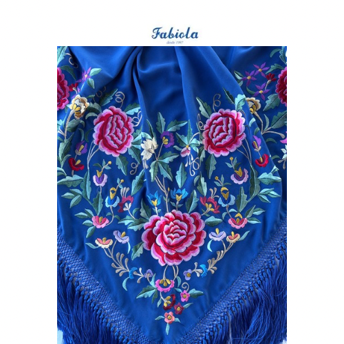 Mantoncillo Fabiola1987 Colección Rosas fondo azul intenso bordado en colores