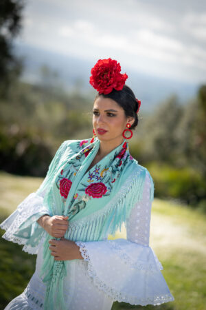 Mantoncillo Fabiola1987 Colección Rosas fondo verde agua bordado en colores