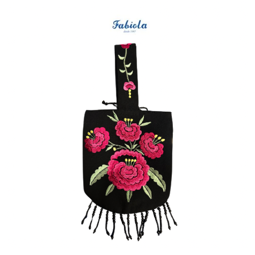 Bolso artesanal bordado creado para Fabiola1987.Modelo Mi Bolsita. Flores color fresa. Forrado de lunares negros