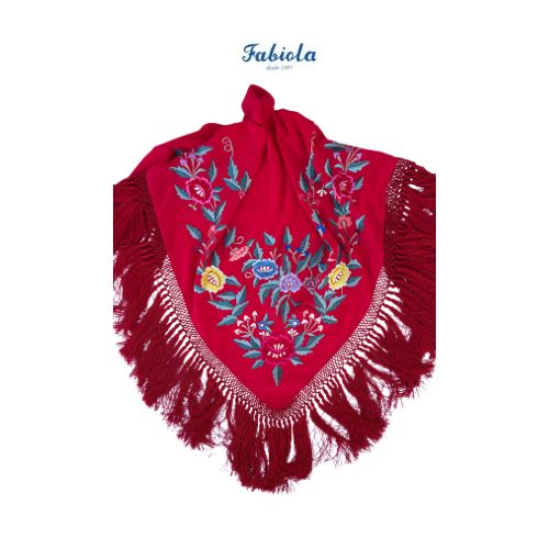 Mantoncillo Fabiola1987 Colección Jardín fondo rojo bordado en colores