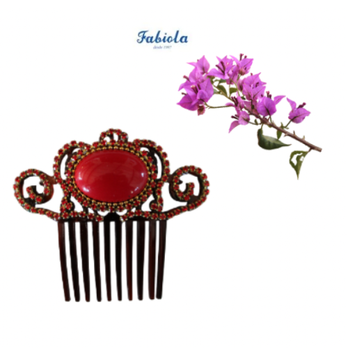 Conjunto de Pendientes largos, Peinecillo y Broche de metal dorado y metacrilato con cristalitos brillantes en color rojo de Colección Mis Buganvillas. - Imagen 3