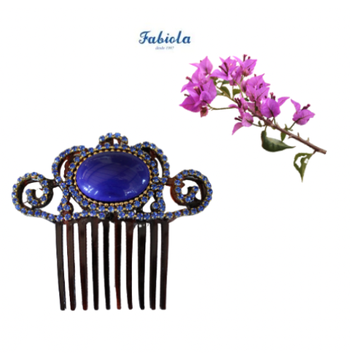 Conjunto de Pendientes largos, Peinecillo y Broche de metal dorado y metacrilato con cristalitos brillantes en color azul de Colección Mis Buganvillas. - Imagen 3